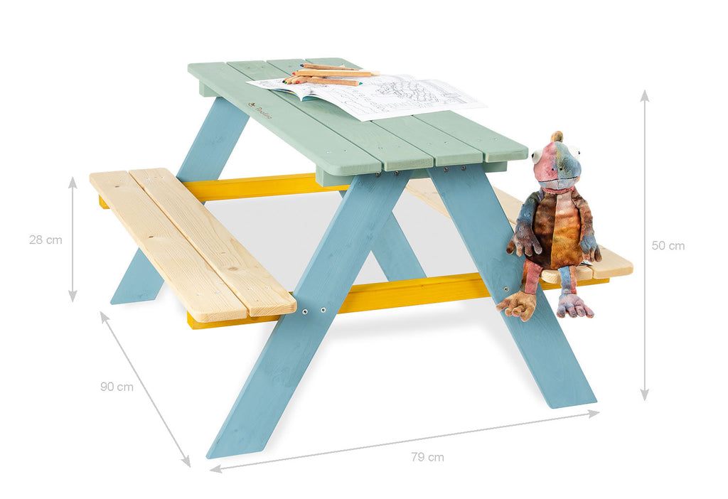 Kindersitzgarnitur Nicki für 4 aus massivem Holz 2 Bänke mit 1 Tisch bunt