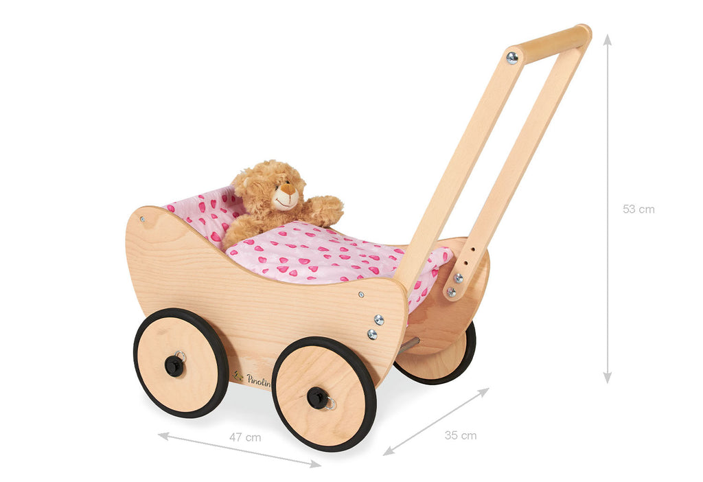 Puppenwagen Trixi aus Holz in natur inkl. Bettzeug