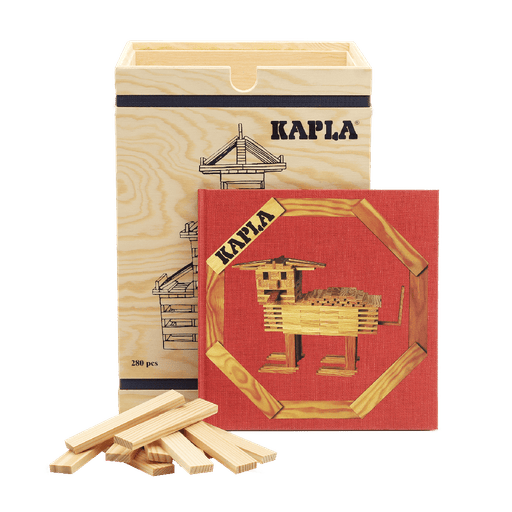 KAPLA® Holzbausteine Natur im Holzkasten 280 Steine mit Kunstbuch in rot
