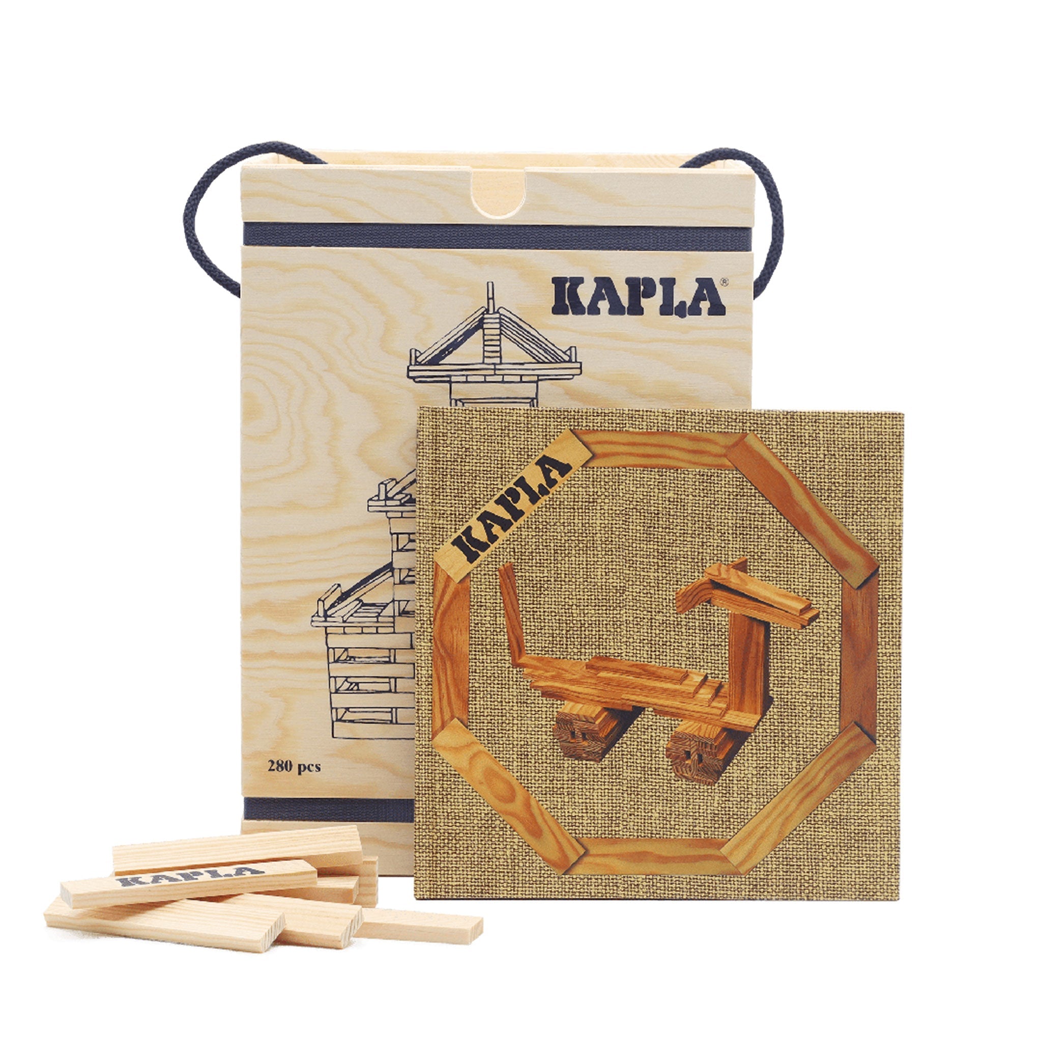 KAPLA® Holzbausteine Natur im Holzkasten 280 Steine mit Kunstbuch in beige