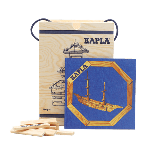 KAPLA® Holzbausteine Natur im Holzkasten 280 Steine mit Kunstbuch in blau