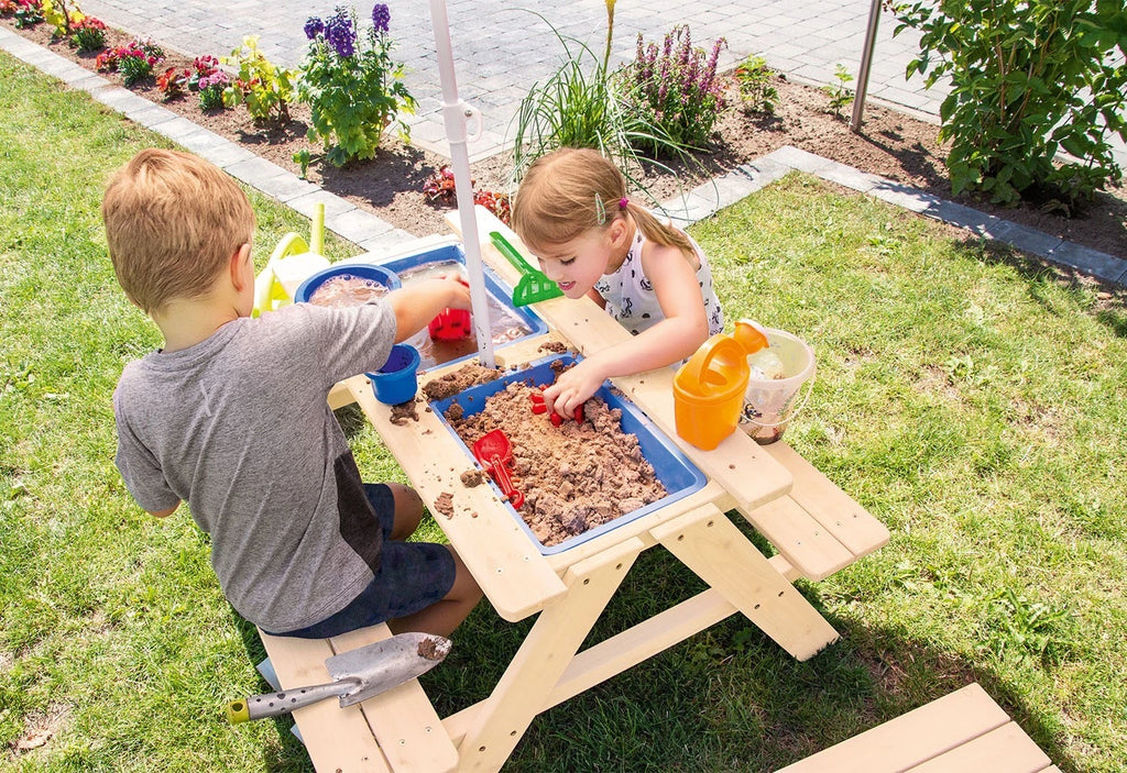 Kindersitzgarnitur Matsch-Nicki für 4 aus Holz natur mit 2 Wannen