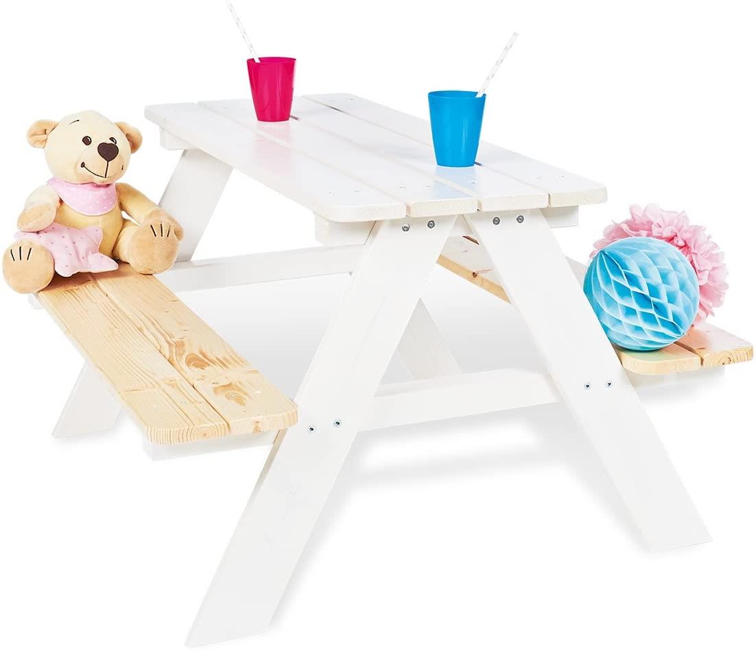 Kindersitzgarnitur Nicki für 4 aus massivem Holz 2 Bänke mit 1 Tisch weiß