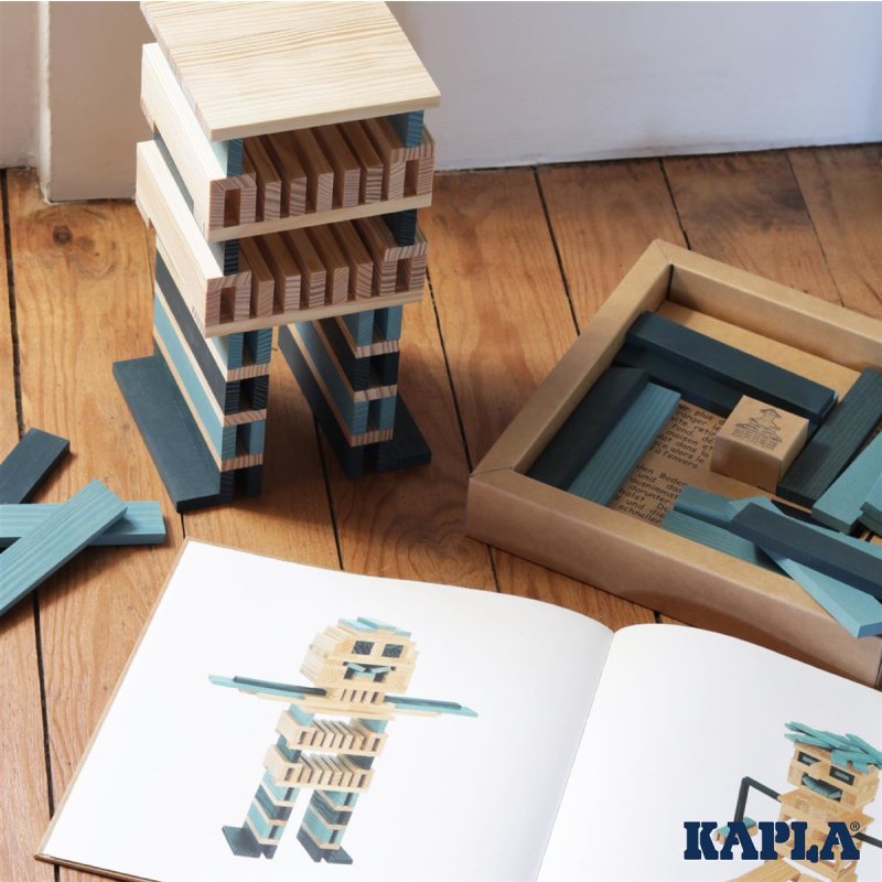 KAPLA Farbe 40er Box Holzbausteine hellblau/dunkelblau mit Kunstbuch 