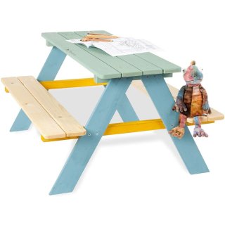 Kindersitzgarnitur Nicki für 4 aus massivem Holz 2 Bänke mit 1 Tisch bunt
